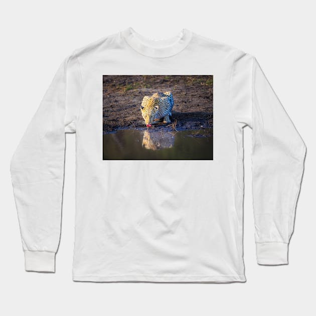 Leopard (Panthera pardus) drinking Long Sleeve T-Shirt by GrahamPrentice